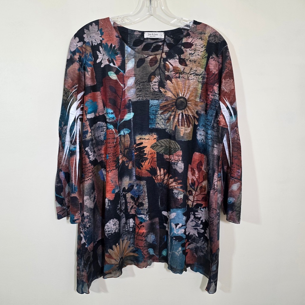 Jess & Jane Women Tunic Floral Script Collage Print Lisa chiffon Hem Top Large